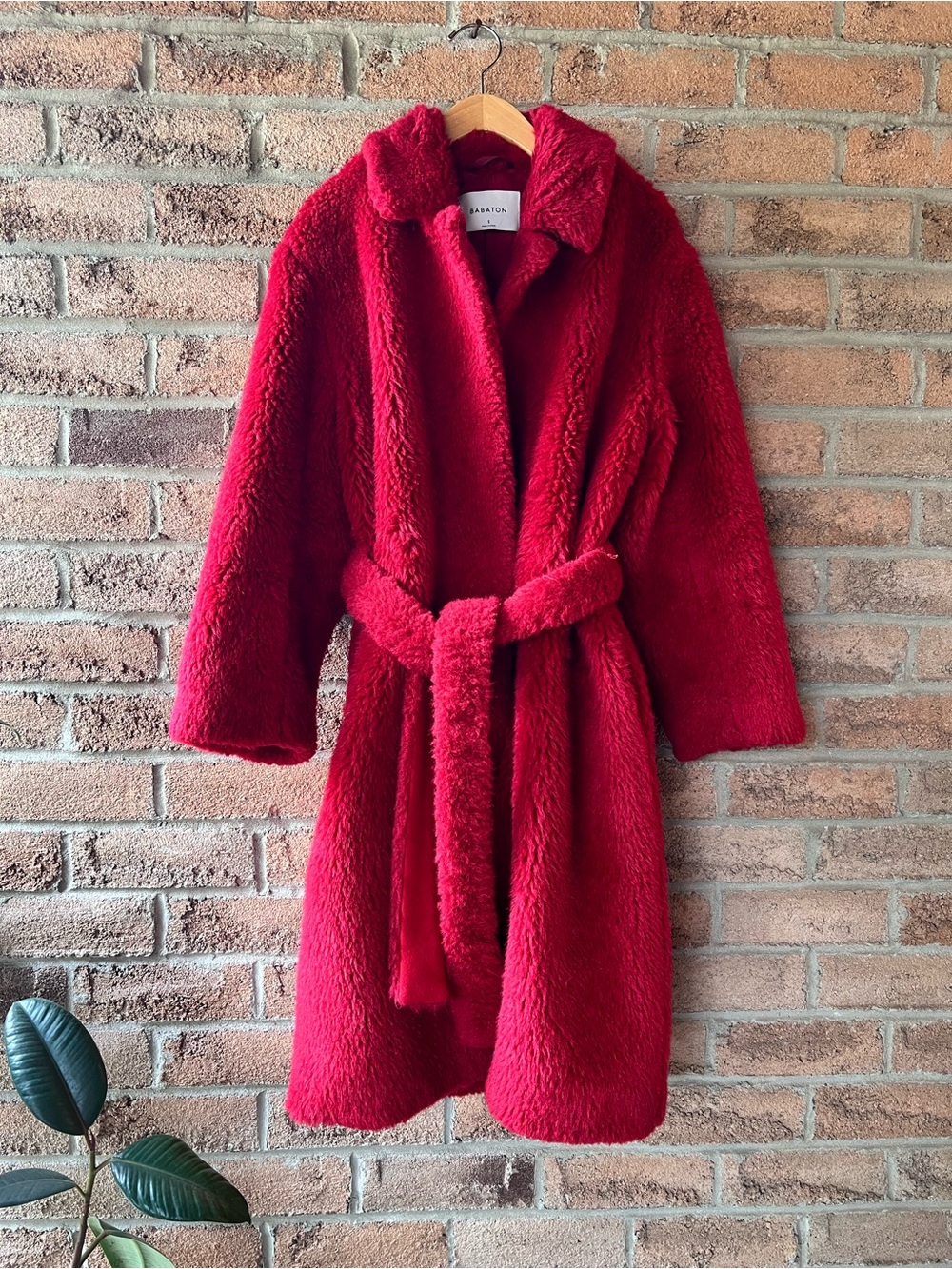 BABATON Aritzia Oren Red Faux Fur Teddy Belted Long Coat Small